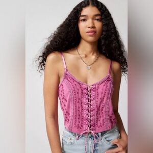 Urban Outfitters Melody Embroidered Lace Up Cami Size Small Boho Gypsy Pink